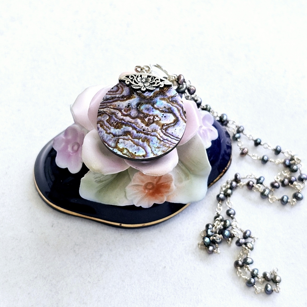 925 Silver Abalone and Pearl Station Necklace